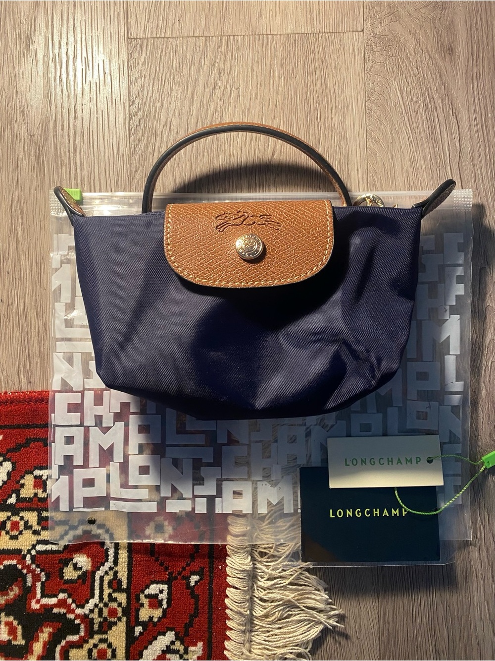 Longchamp Navy Mini Top-Handle Bag with Tan Trim With Strap